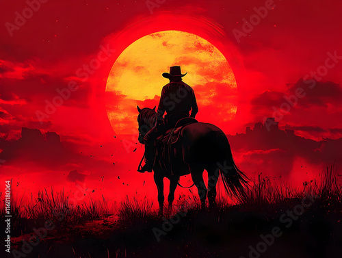 Silhouette of cowgirl on horseback at sunset.