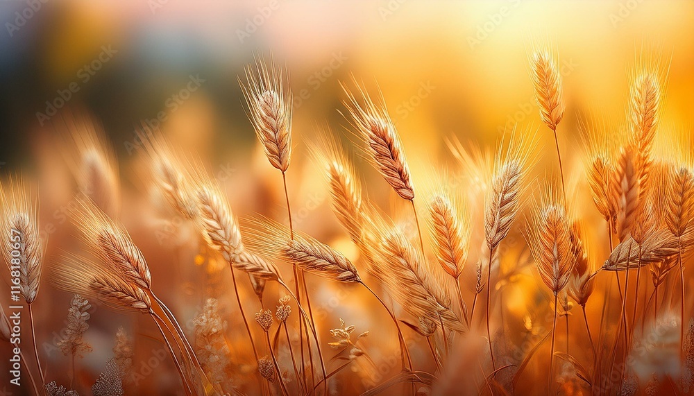 Close up meadow with golden herbal wheat on a blurred background. Clearing with wild grass, golden wheat field at sunset. Close up meadow with golden herbal wheat on a blurred background. Clearing with wild grass, golden wheat field at sunset.