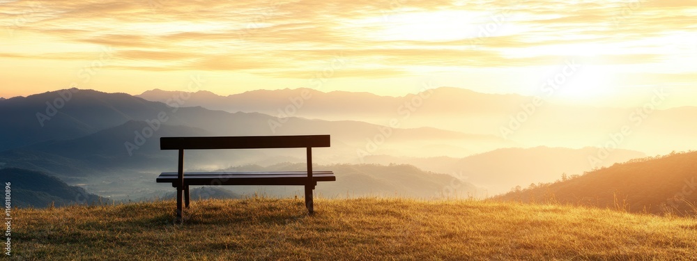 A serene empty wooden bench overlooking a breathtaking mountain landscape during a vibrant sunrise with misty valleys A serene empty wooden bench overlooking a breathtaking mountain landscape during a vibrant sunrise with misty valleys