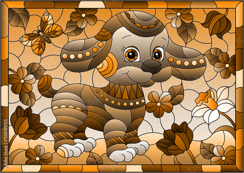 An illustration in the style of a stained glass window with a cute puppy on a background of sky, meadows and flowers, in a frame, tone brown
