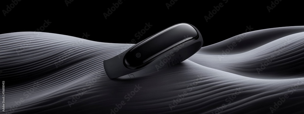 Sleek fitness tracker resting on soft, flowing sand texture against a dark background, showcasing modern design and technology Sleek fitness tracker resting on soft, flowing sand texture against a dark background, showcasing modern design and technology