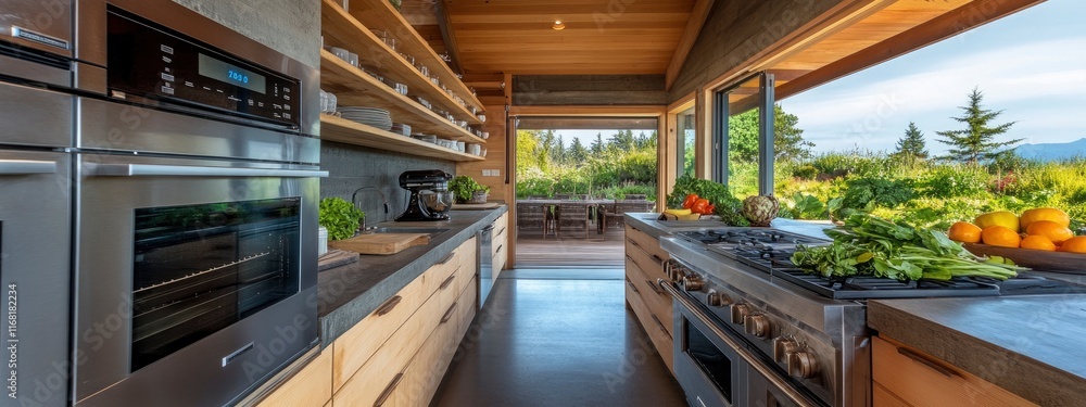 Fototapeta premium Modern kitchen with large windows overlooking a lush, green landscape, showcasing contemporary appliances and fresh produce