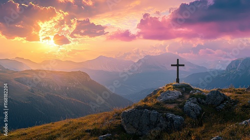 Christian cross on a background with dramatic lighting, colorful mountain sunset