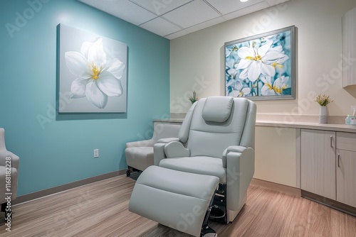 Modern and Tranquil Medical Waiting Area with Elegant Floral Artwork and Comfortable Seating for Patient Relaxation and Comfort in a Health Care Environment photo