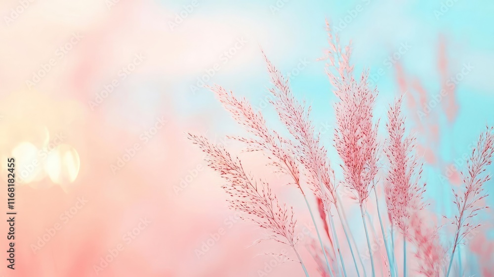 Pastel skies concept. Delicate pink grass swaying gently against a dreamy blue background in soft focus. Pastel skies concept. Delicate pink grass swaying gently against a dreamy blue background in soft focus.