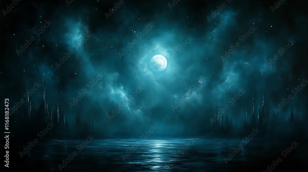 Fototapeta premium Nocturnal Seascape: Serene Moonlit Night with Silhouetted City