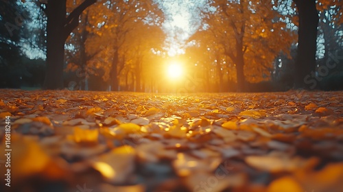 Sunset through autumn leaves path.