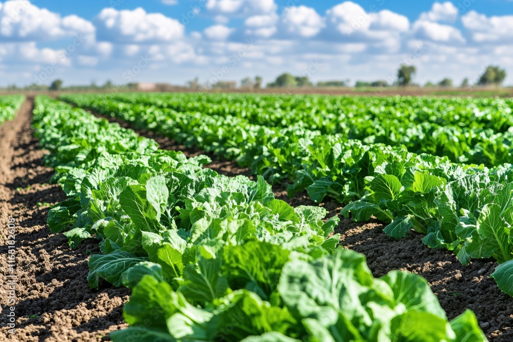 Vibrant Green Cabbage Field Under Bright Blue Sky with Fluffy Clouds Vibrant Green Cabbage Field Under Bright Blue Sky with Fluffy Clouds