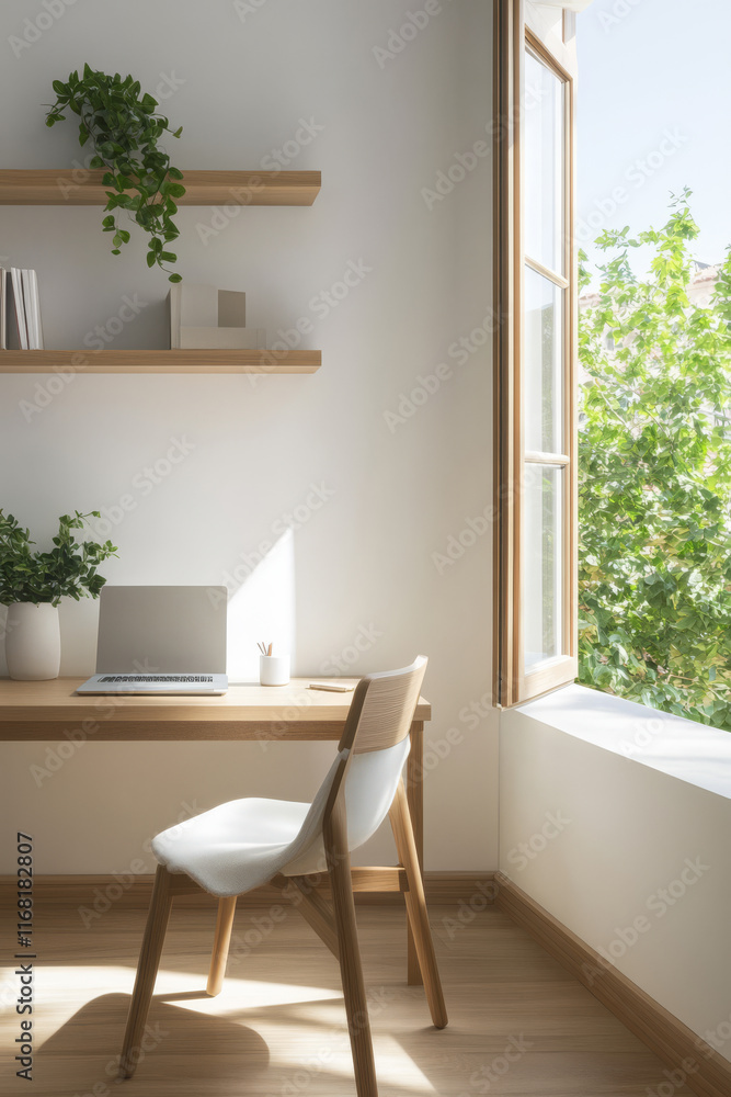 Fototapeta premium Cozy workspace with natural light and greenery in a modern room