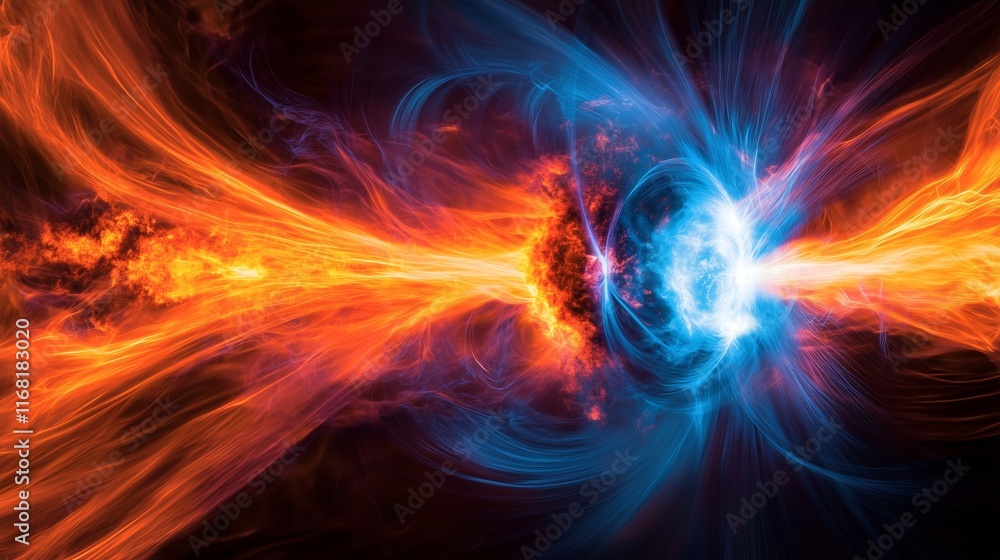 A high-resolution depiction of a magnetic reconnection event, glowing with dynamic plasma flows. A high-resolution depiction of a magnetic reconnection event, glowing with dynamic plasma flows.
