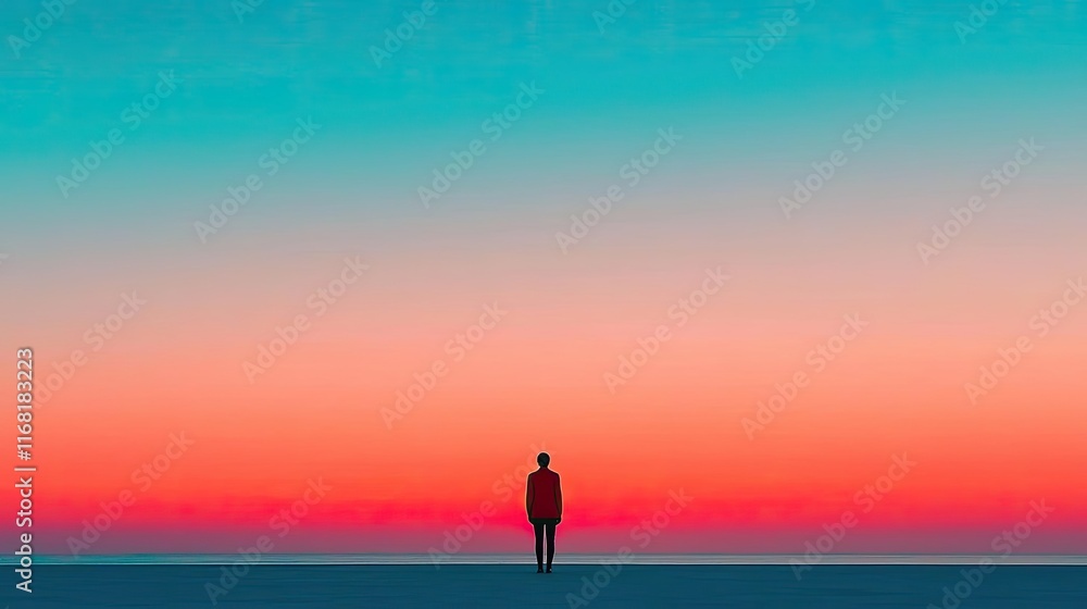 Pastel skies concept. A solitary figure against a vibrant sunset, embodying tranquility and reflection. Pastel skies concept. A solitary figure against a vibrant sunset, embodying tranquility and reflection.
