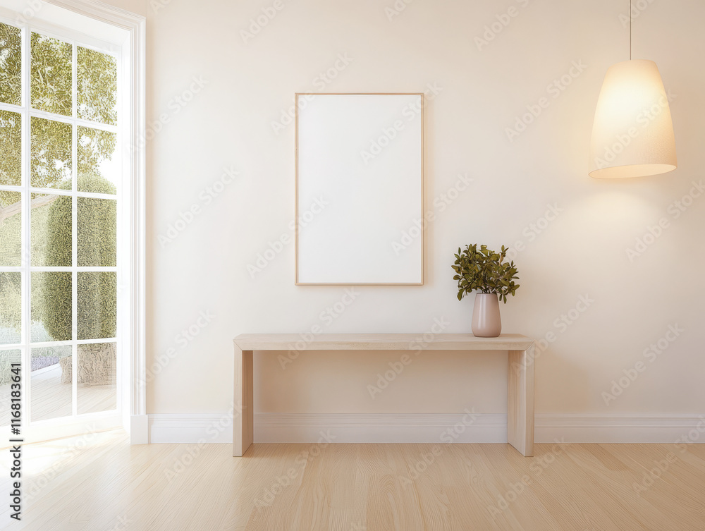 Fototapeta premium Minimalist interior design with natural light and blank canvas in a serene space