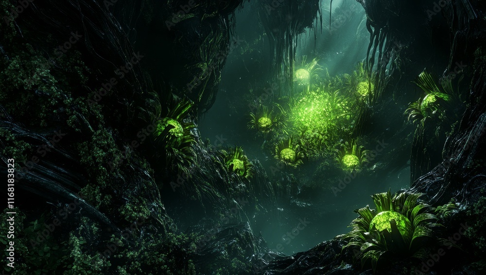Glowing bioluminescent flora in dark cave. Glowing bioluminescent flora in dark cave.