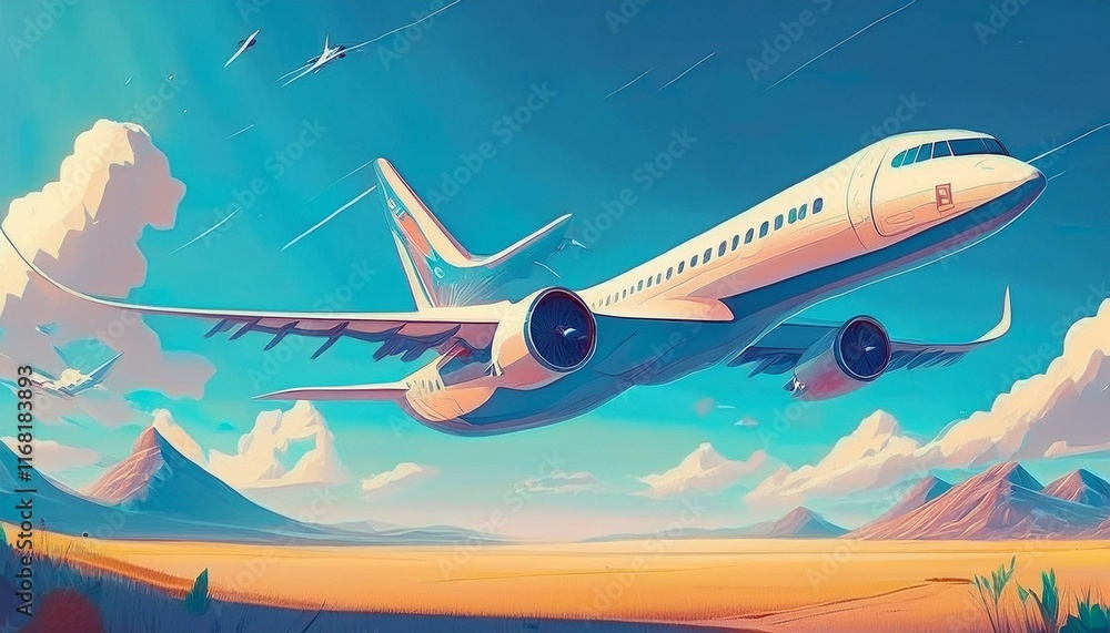 Panoramic Background with flying plane in blue sky Panoramic Background with flying plane in blue sky