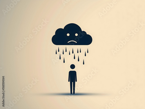 A solitary figure stands beneath a rain cloud, symbolizing sadness and emotional turmoil. photo