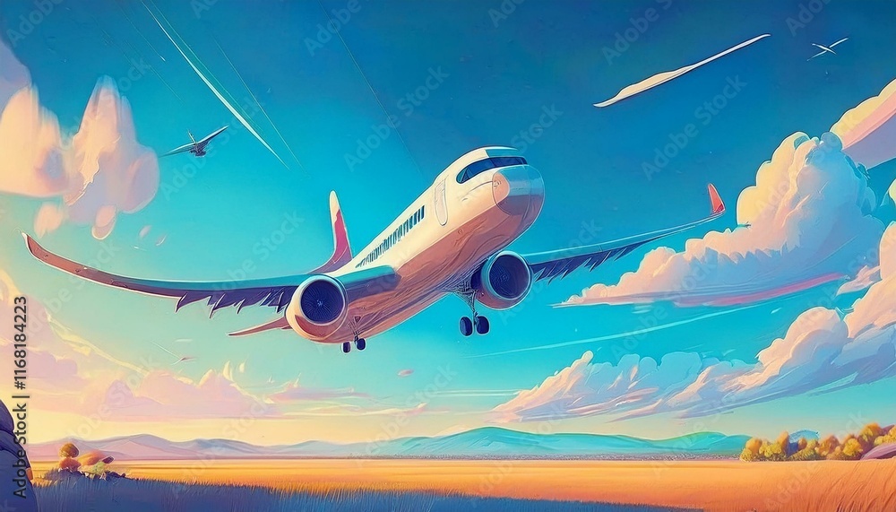 Panoramic Background with flying plane in blue sky Panoramic Background with flying plane in blue sky