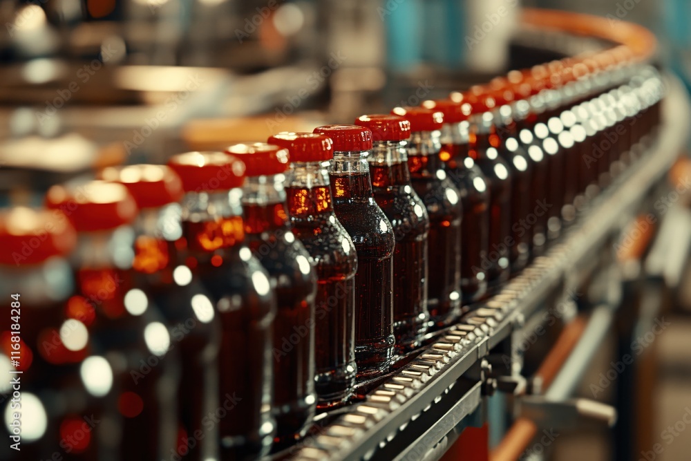Fototapeta premium Bottles on Conveyor Belt in Beverage Production Line at Manufacturing Facility
