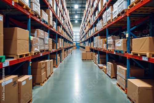 Spacious Warehouse with Organized Brown Cardboard Boxes on Blue Shelves, Ideal for Efficient Inventory Management and Storage Solutions. photo