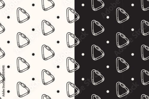 doodle carabiner triangle shape seamless pattern on black white background for adventure merchandise.  retro screw lock carabiner pattern background. pattern of climbing carabiner vector background