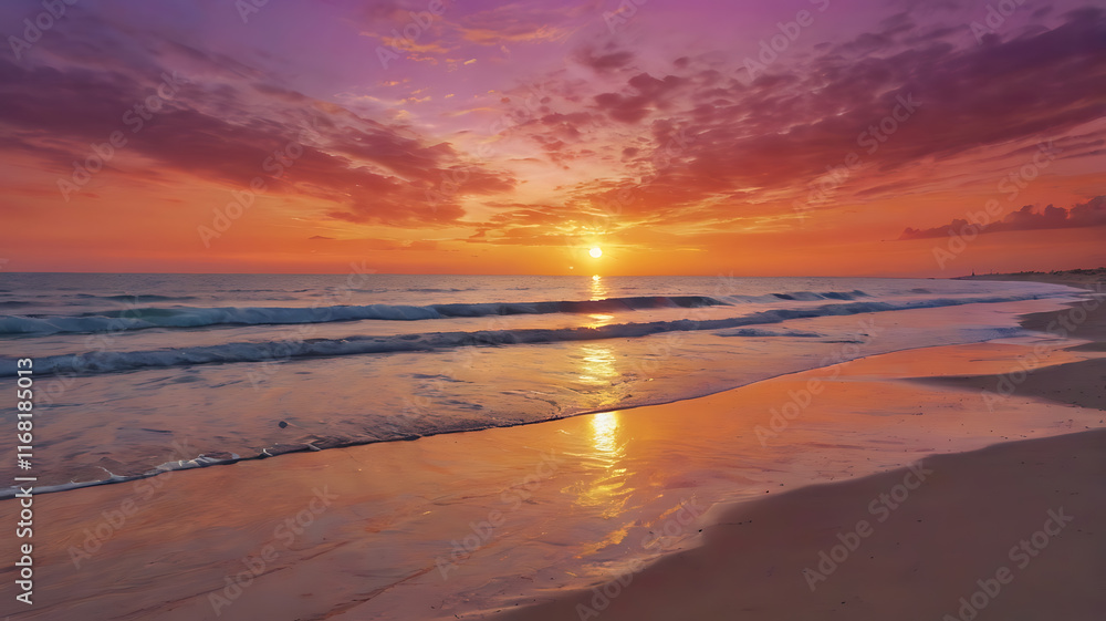 Panoramic view of the serene beach horizon. The vibrant colors of the sunset paint the sky in stunning oranges, pinks and purples. Create the perfect scene for a postcard. Panoramic view of the serene beach horizon. The vibrant colors of the sunset paint the sky in stunning oranges, pinks and purples. Create the perfect scene for a postcard.