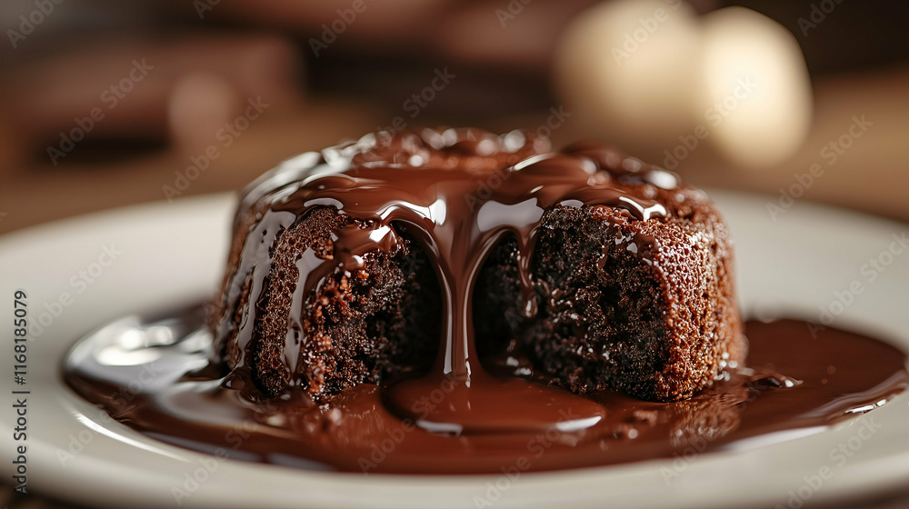 A delectable molten chocolate lava cake with gooey chocolate ganache flowing from its center. A delectable molten chocolate lava cake with gooey chocolate ganache flowing from its center.