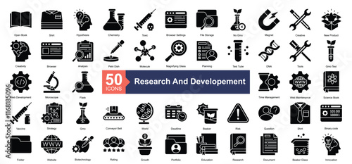 Research and Developement Icon Collection Set.Containing creative, new product, creativity, browser, analysis icon. Simple glyph style Vector Illustration.	