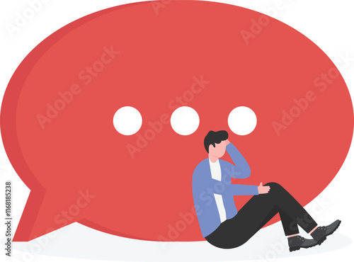 Sad Businessman Sitting Under Speech Bubbles. Hate Speech and Cyberbullying Concept.
