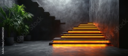 minimalist modern staircase with wooden steps dark walls ambient lighting