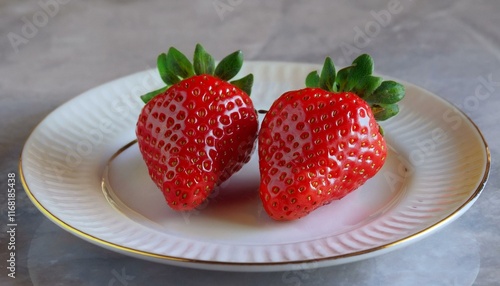 Reference ImageTwo strawberries on a white porcelain plate on a marble table photo