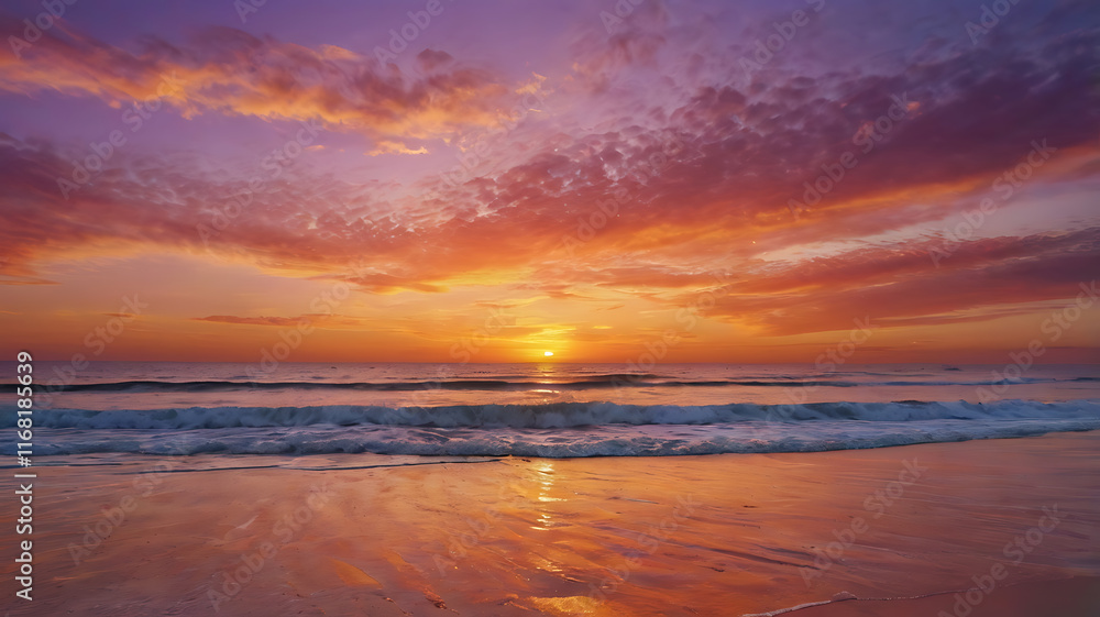 Panoramic view of the serene beach horizon. The vibrant colors of the sunset paint the sky in stunning oranges, pinks and purples. Create the perfect scene for a postcard. Panoramic view of the serene beach horizon. The vibrant colors of the sunset paint the sky in stunning oranges, pinks and purples. Create the perfect scene for a postcard.