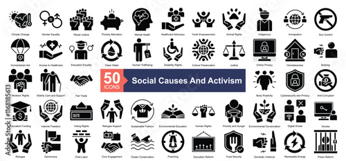 Social Causes and Activism Icon Collection Set.Containing cclimate change, gender equality, racial justice, poverty alleviation, mental health icon. Simple glyph style Vector Illustration.