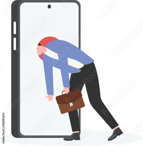 a businessman push his head into a smartphone. Smartphone addiction concept.

