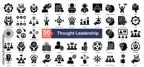 Thought Leadership Icon Collection Set.Containing performance, growth, teamwork, copywriter icon. Simple glyph style Vector Illustration.	