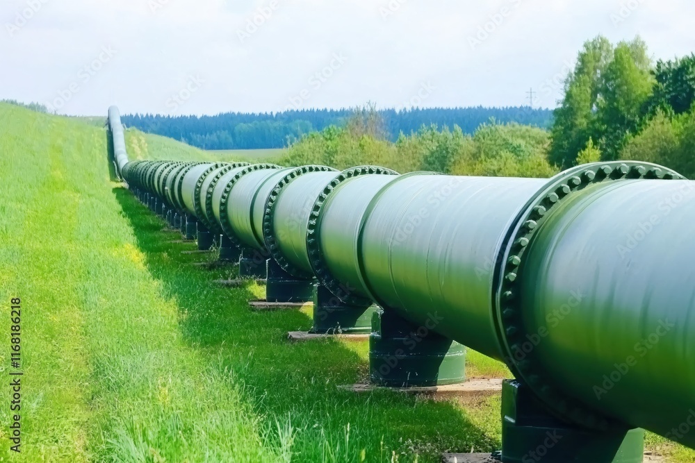 Long Green Pipeline Extending Through Lush Landscape Under Clear Sky Long Green Pipeline Extending Through Lush Landscape Under Clear Sky