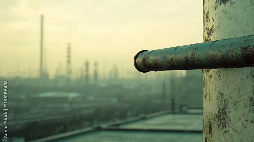Industrial Landscape with Pipe and Fog in an Urban Setting at Dusk Industrial Landscape with Pipe and Fog in an Urban Setting at Dusk