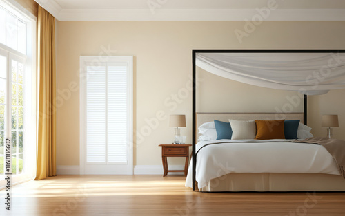 Modern bedroom with natural light and elegant decor featuring a cozy bed and wooden accents