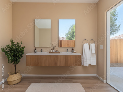 Stylish modern bathroom with dual sinks and natural light in a contemporary home photo