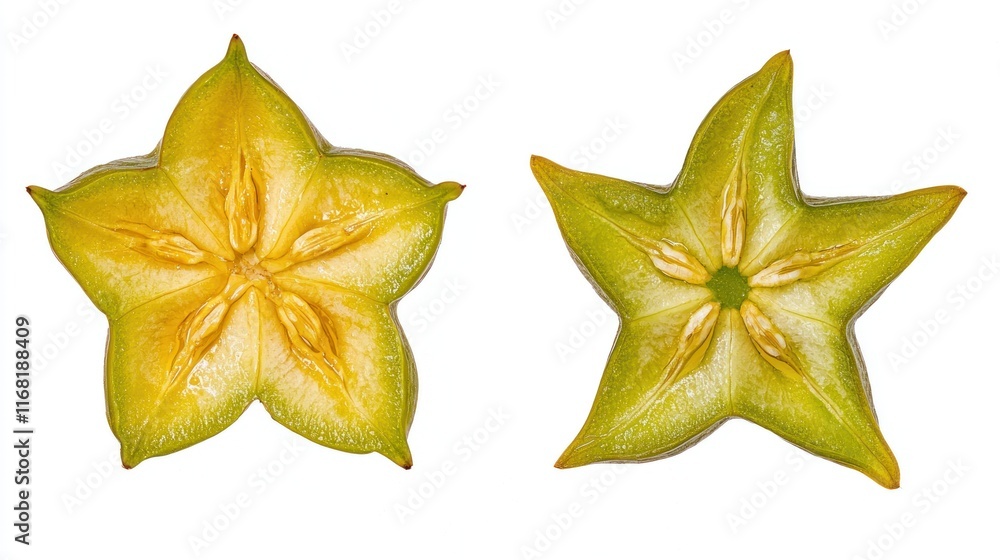 Fototapeta premium Two star fruit slices show seeds and texture