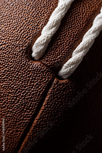 Close-up of an American football's laces and textured leather.