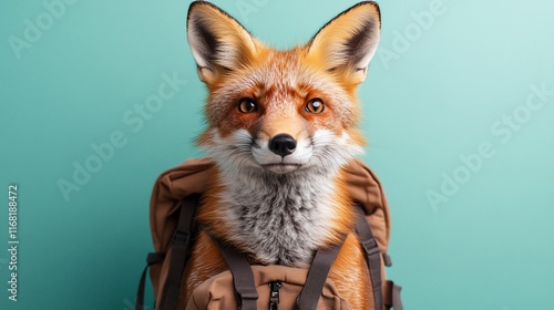 Red fox wearing a backpack against a teal background.