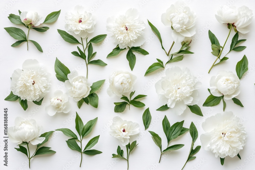 Obraz premium Elegant White Peonies with Green Leaves Arranged on a Clean White Background