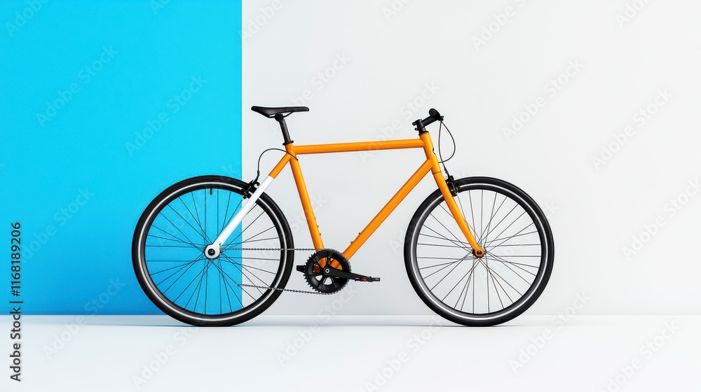 Bright Orange Bicycle Against Blue and White Background in Studio Bright Orange Bicycle Against Blue and White Background in Studio