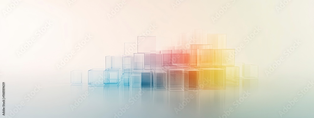 Abstract geometric composition of translucent blocks creating a harmonious blend of colors and shapes in a serene setting Abstract geometric composition of translucent blocks creating a harmonious blend of colors and shapes in a serene setting