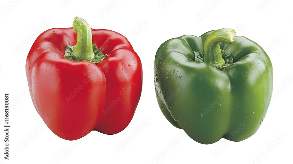 Vibrant Duo of Green and Red Peppers on a White Background: Fresh, Healthy, and Nutritious Vegetables for a Colorful Culinary Experience Vibrant Duo of Green and Red Peppers on a White Background: Fresh, Healthy, and Nutritious Vegetables for a Colorful Culinary Experience