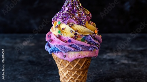 Delicious Tricolor Ice Cream Cone With Glitter