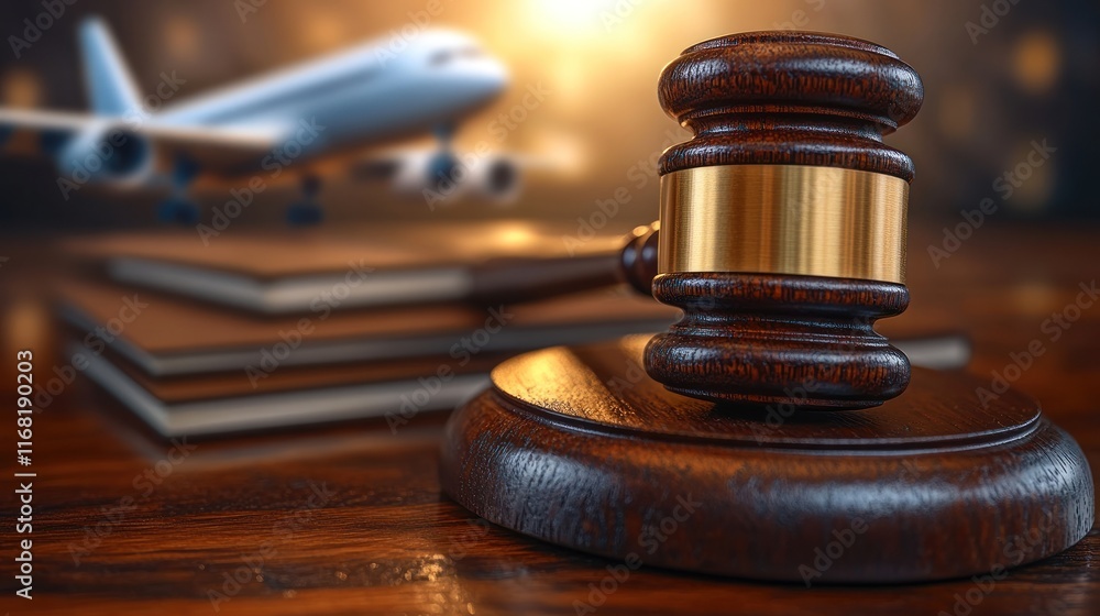 Gavel on desk with airplane and legal books symbolizing aviation law Gavel on desk with airplane and legal books symbolizing aviation law