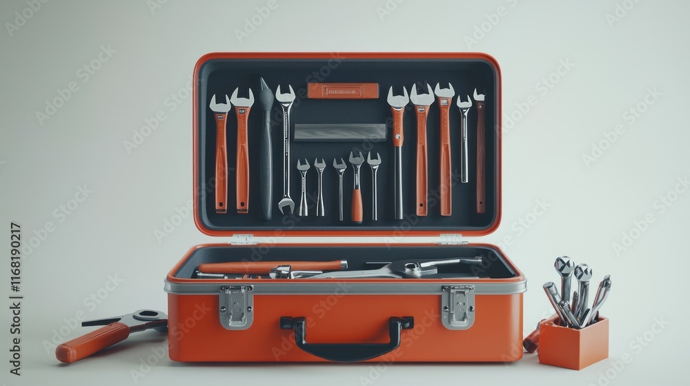 Orange Toolbox Filled With Various Hand Tools Orange Toolbox Filled With Various Hand Tools
