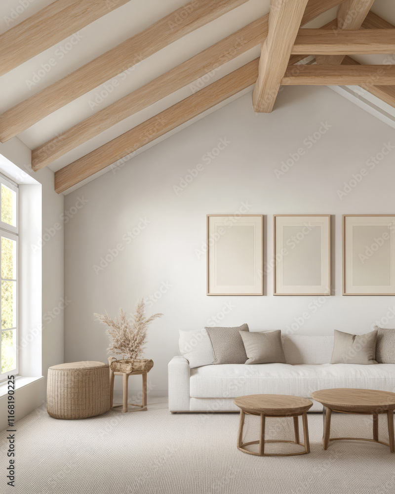 Fototapeta premium Cozy living room with neutral tones and wooden beams showcasing minimalistic decor