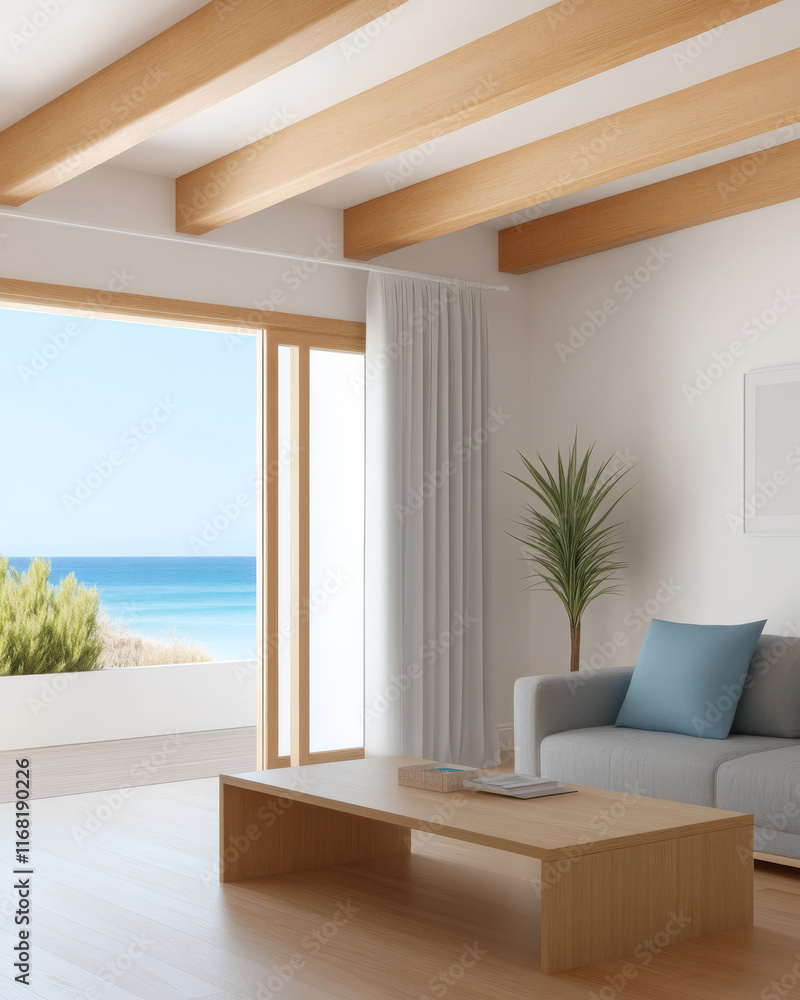 Fototapeta premium Modern coastal living room with ocean view and minimalistic design