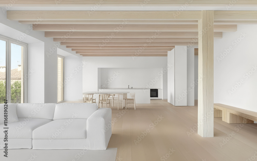 Fototapeta premium Spacious modern living room with minimalist kitchen design in bright airy setting